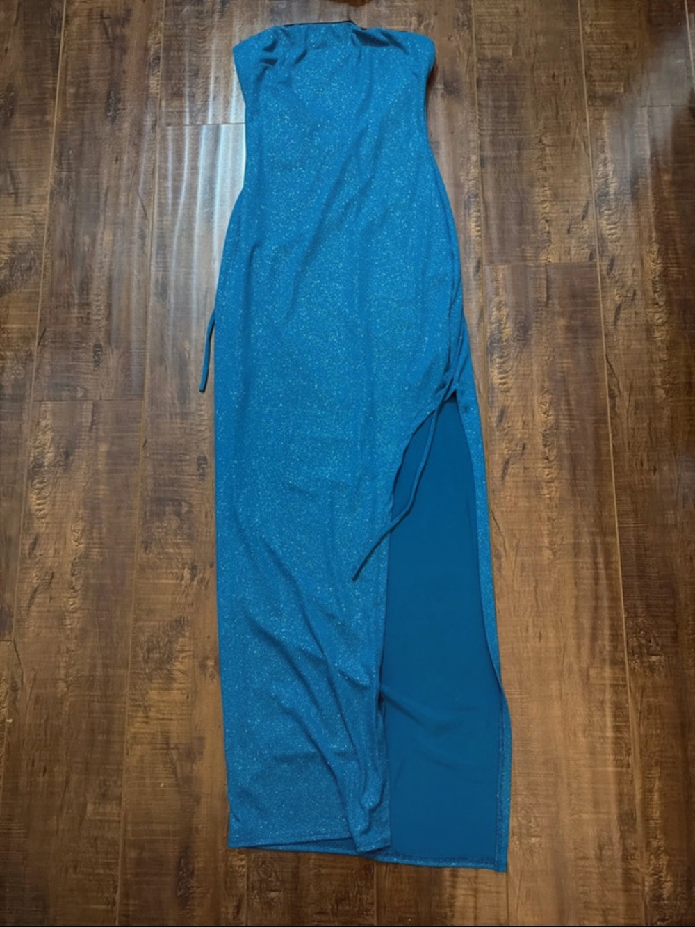 Strapless Teal Sparkle Maxi Dress with Side Slit